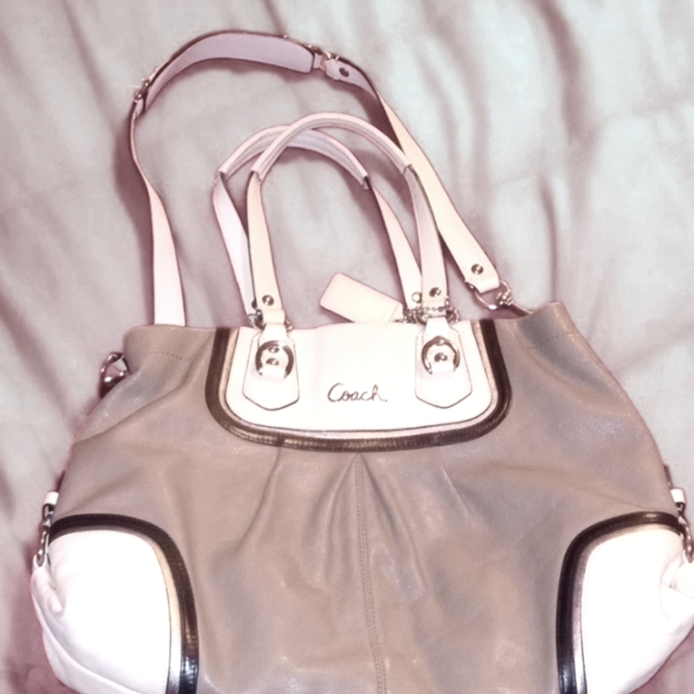 Coach Ashley Gray and Ivory Leather 2 Ways Satchel Shoulder Bag
